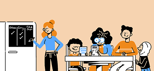 A family discussion in a kitchen