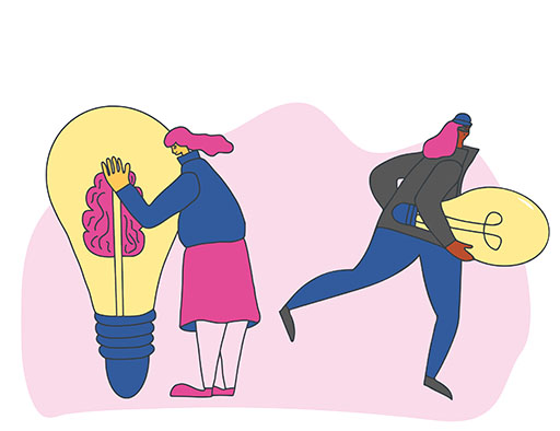 Illustration of woman holding a light bulb looking like trying to protect her idea from another figure who is running away with what is inferred to be her bulb