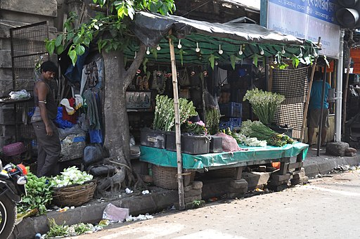 A flower stall on a street under the shade of a fig tree in Bhabanath India, a man standing at the side
