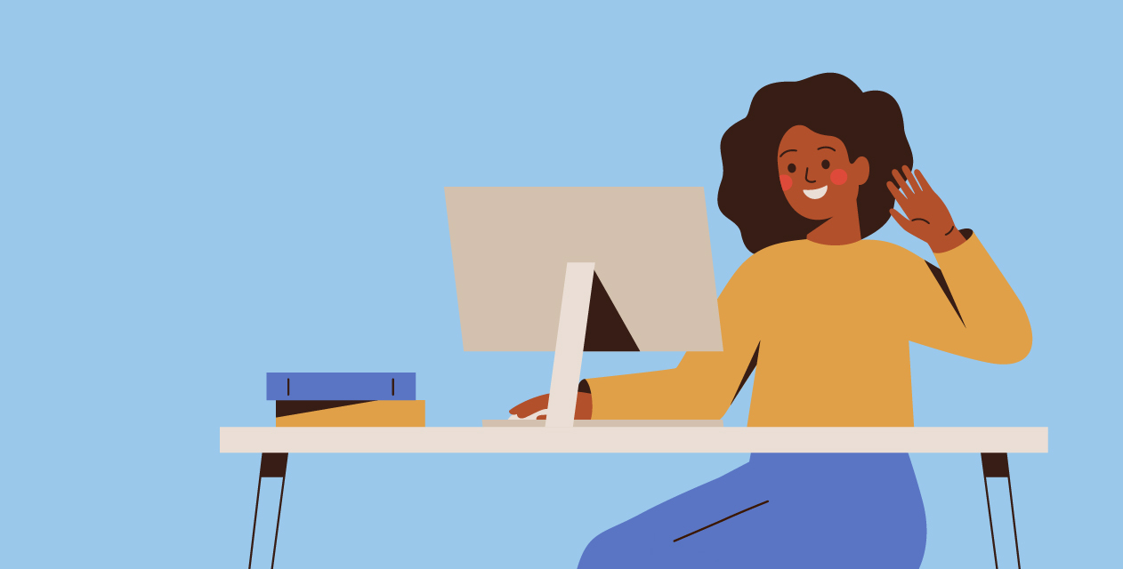 Graphic of woman sitting smiling looking at a screen