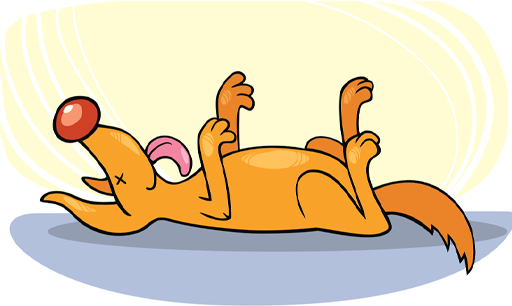 An illustration of a dead dog laying on its back and tongue out.