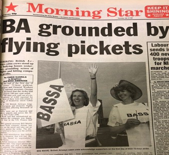Image from Morning star newspaper, 2013, showing two BA cabin crew on strike