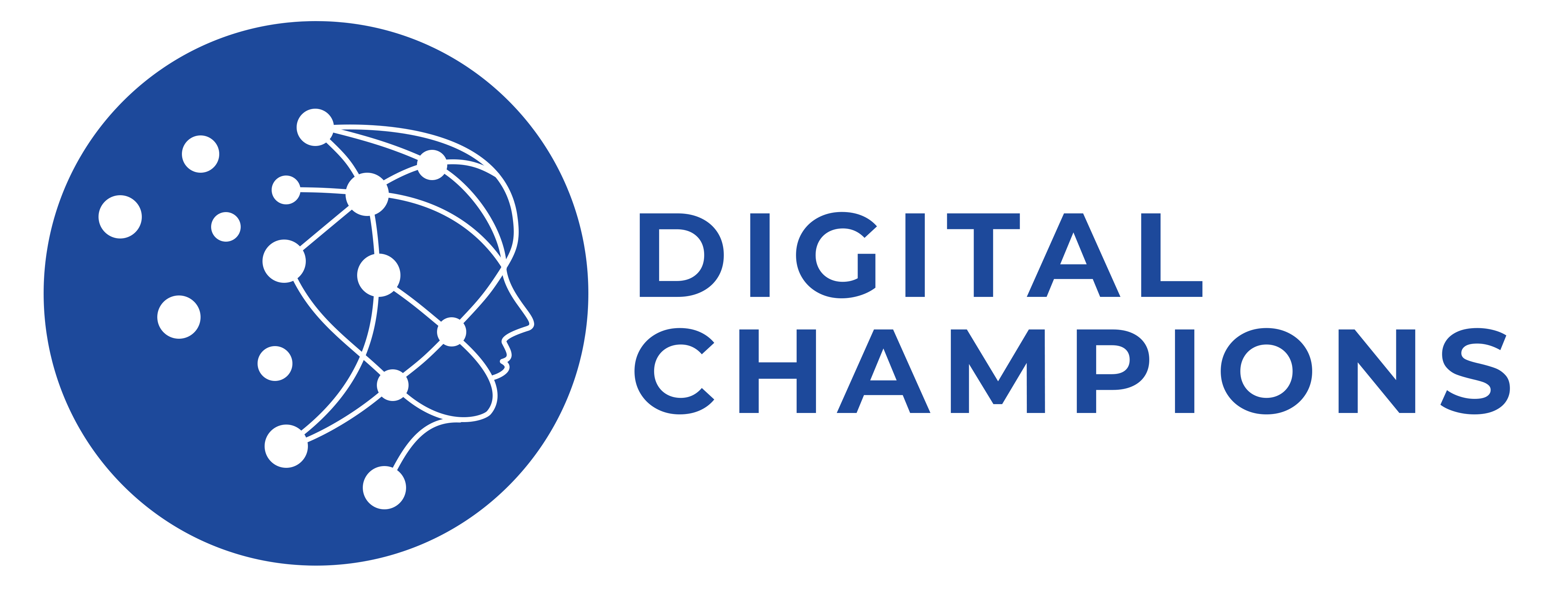 Digital champions logo. Blue circle with outline of a face in white, white spots in the brain area. Digital champions in blue