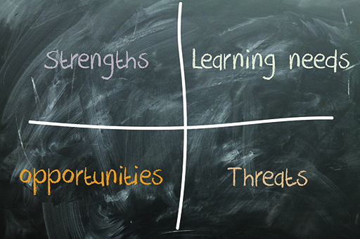 A graphic with the following text: Strengths; Learning needs; Opportunities; Threats.