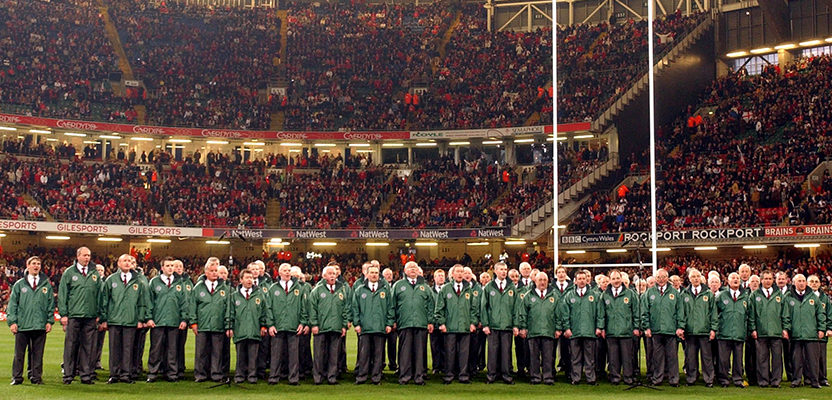 Pontarddulais Male Choir on field at the Millennium Stadium during the 2005 Six Nations Championship.
