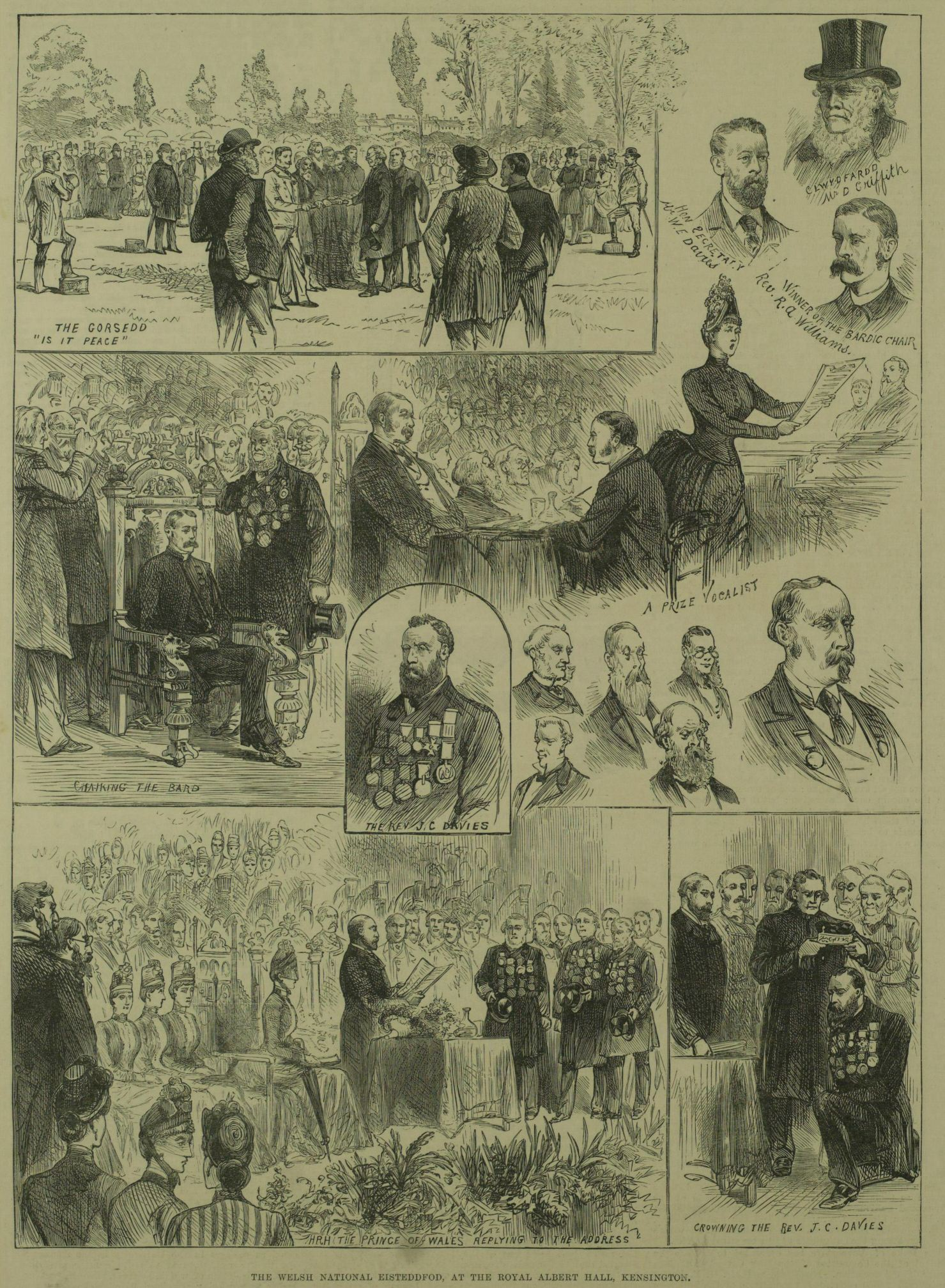 Illustration of the Prince of Wales attending the 1887 Welsh Eisteddfod at the Royal Albert Hall.