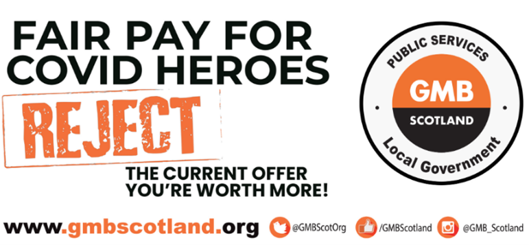 GMB scotland banner stating fair pay for covid heroes