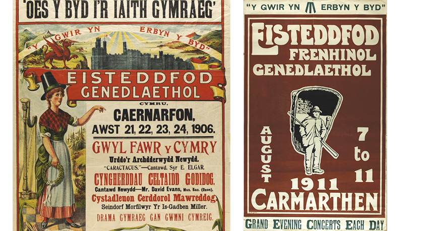 Ffotograffau o bosteri Eisteddfod Genedlaethol 1906 yng Nghaernarfon ac Eisteddfod Genedlaethol 1911 yng Nghaerfyrddin.