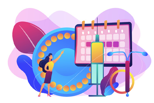 The image shows an animation of contraceptive products – the Pill, a syringe for an injection and an inter uterine system coil.