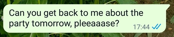 a pic of a whatsapp message saying can you get back to me about the party tomorrow