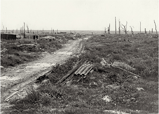 A black and white photograph of Longueval village, Somme battlefield, France, 1916-18.