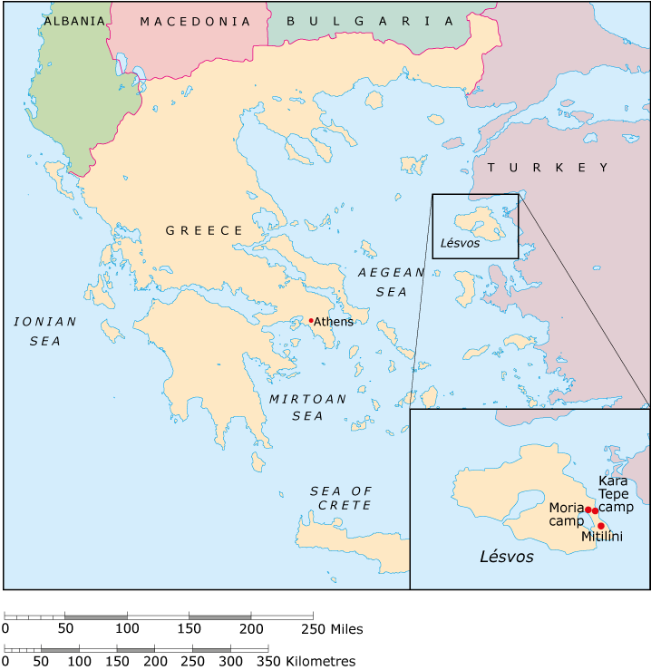 A map of Lesvos island positioned in relation to mainland Greece and Greece’s neighbouring countries.