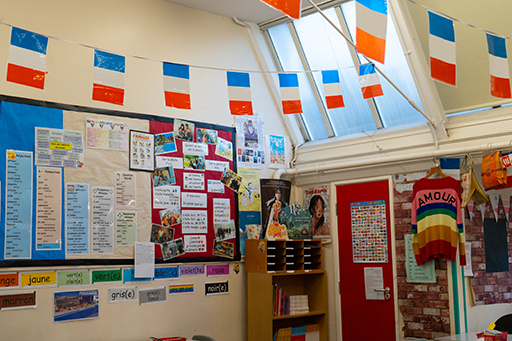A photograph of a classroom with lots of different learning resources on the wall.
