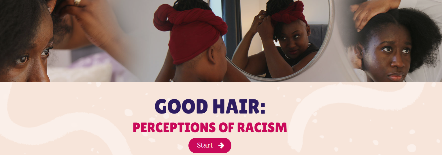 Good Hair interactive launch page - two black women styling their hair