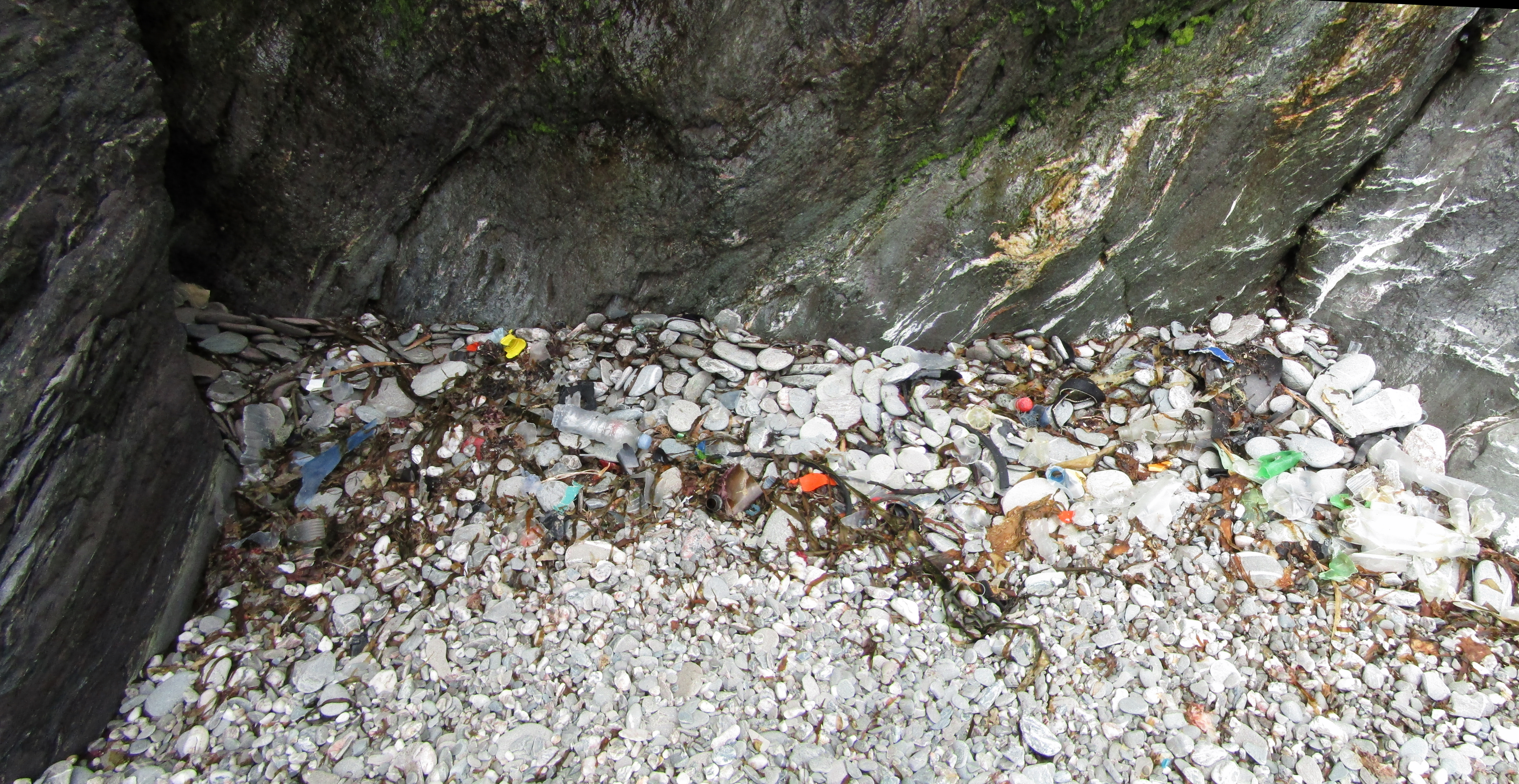 Some of the plastic litter washed up at Ivy Cove near Kingswear, on the south coast of Devon, England.