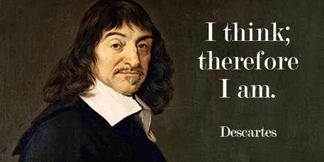 A picture of a portrait of the philosopher Descartes. Text stating his most famous saying 'I think, therefore I am.'