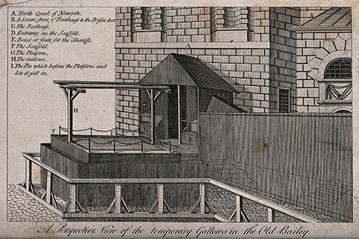 A black and white drawing of gallows attached to Newgate Prison. On the right side of the image is a screened entrance to the gallows. The gallows are on a raised platform, with a low fence around the base. A covered area includes seats for those attending the execution. A key in the upper left-hand corner provides labels for the north quad of Newgate, the entrance to the scaffold, the entrance for the condemned, and seating for the sheriffs. There are no people in the image.
