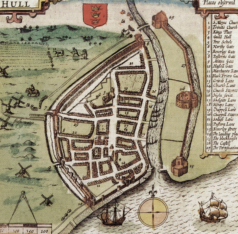 A manuscript map of a town. To the left of the map is a green expanse with windmills, livestock and farmers. In the centre of the image is the town of Kingston upon Hull. The town is divided into sections, with buildings surrounding green areas. The key on the far right of the image lists the town’s important landmarks, including two churches (St Mary’s and Trinity), a guild hall, a free school, and six named gates which allow entry through the town walls. The town is protected by a fortified wall on the left side, and by a river on the right-hand side. Ships are shown on the river, and in a larger body of water at the bottom of the image. Across the river are three large buildings, labelled: the block houses, the castle, and the fortification.