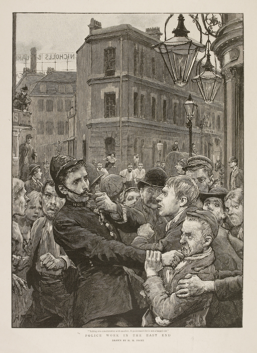 A black and white sketch of a street. In the background are several high-rise residential buildings. In the lower half of the image is a large crowd of people. In the immediate foreground, a police officer blows a whistle as he grabs a young man by the collar. The young man’s clothes are patched. Another man confronts the police officer, while other individuals look on with distrust. Out of frame, someone tries to pull the young man out of the police officer’s grip.