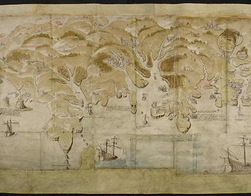 A manuscript drawing of a map. The map shows land, sea, and waterways. There are drawings of ships on the water and fortifications on some areas of the land. There are some blue and green areas on the map, but it is mostly brown and faded.