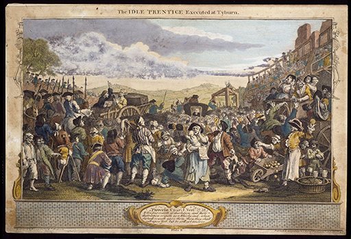 A coloured image showing hundreds of spectators at a public execution. On the right of the image is wooden stadium-style seating. In the foreground, people sell food and drink. The gallows are visible in the distance. To the left of the image is the procession of the condemned apprentice, whose cart is followed by mounted guards with pikes. The scene is chaotic and most people in the image are staring towards the gallows. At the bottom of the image is a quotation from Proverbs Chapter 1 Verses 27-8.