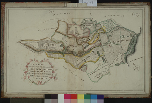 A manuscript map. The map is divided into several colour-coded areas. Some areas have drawings of trees, but most do not. Each area is labelled, corresponding to the place names listed in the figure description.