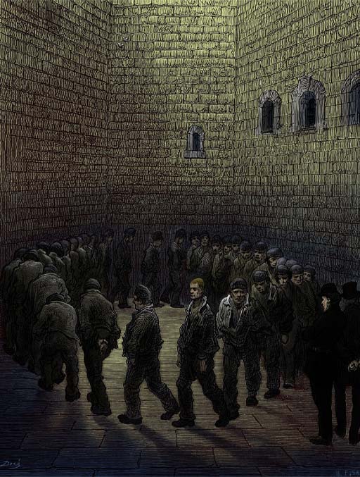 This unusually dark engraving depicts a group of about thirty men circling round a confined yard. The walls enclosing the yard are so high that little light reaches ground level. Many of the men are hunched forward, their heads lowered towards the ground.