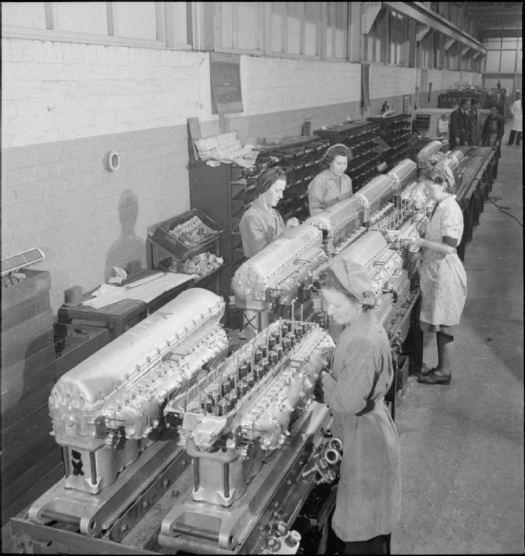 Women on the Merlin engine production line, at a Rolls Royce factory in 1942. 