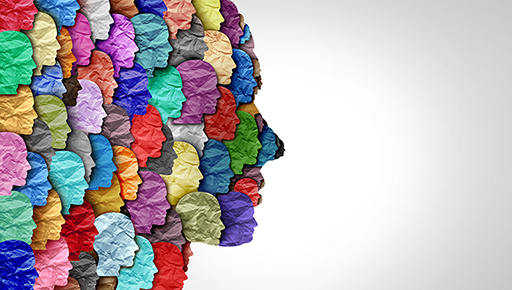 Graphic of a side profile of a face, made up of many smaller side profile faces.