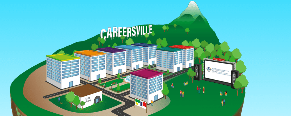 Screengrab of the Careersville virtual village with a series of buildings on a green floating island.