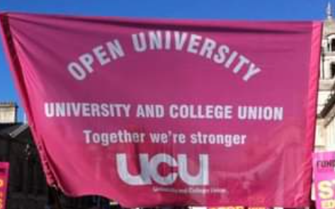 The OU UCU banner, pink, proclaiming together we're stronger