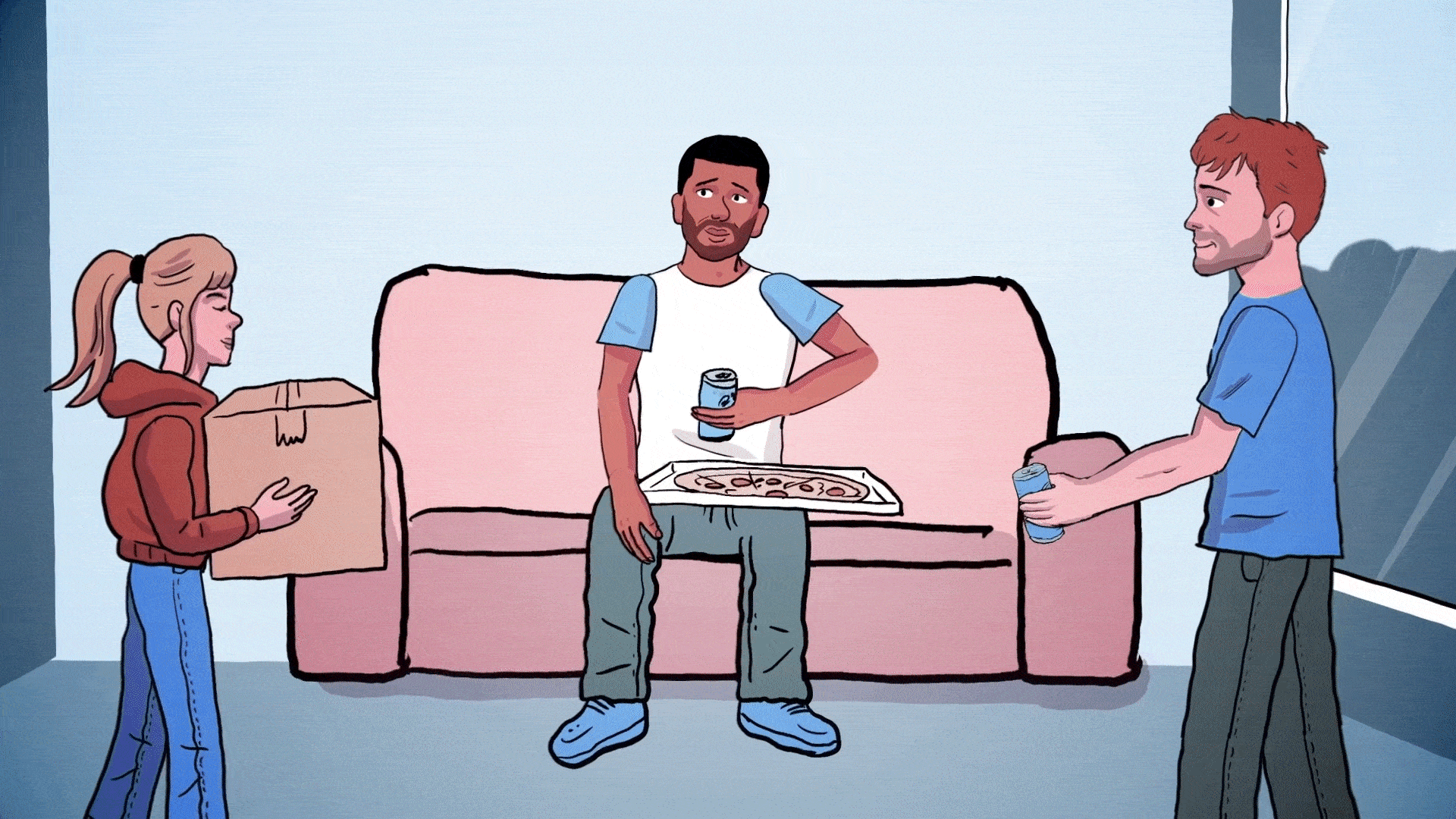 Main character sitting on sofa with pizza and beers - banner to enter interactive