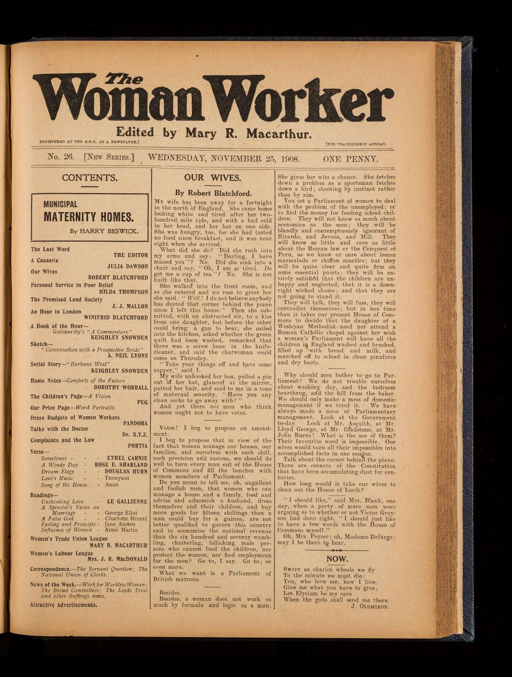 A page from the digital library archive showing the front page of the Woman Worker, 1908