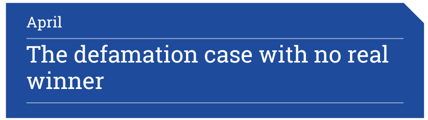 Blue banner says 'the defamation case with no real winner'