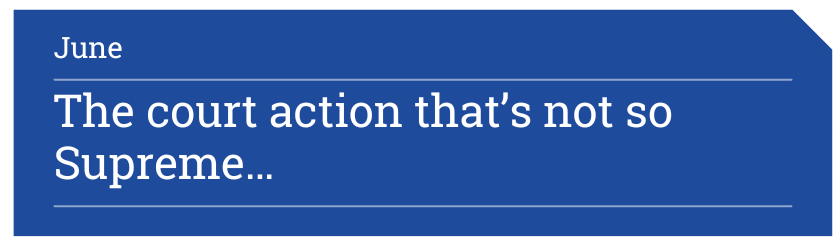 Blue banner says, the court action that's not so supreme