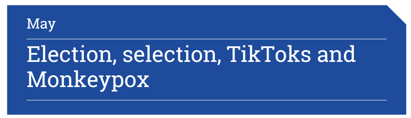 Blue banner, says election, selection, tiktoks and moneypox