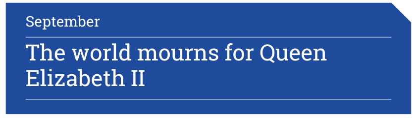 Blue banner says the world mourns for Queen Elizabeth II