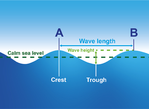 This is a labelled version of the wave drawing in Figure 2. The highest point of a wave is labelled ‘crest’. The lowest point is labelled ‘trough’. The height difference between these is labelled ‘wave height’. The midpoint between the two is labelled ‘calm sea level’. The distance between two crests is labelled ‘wave length’.