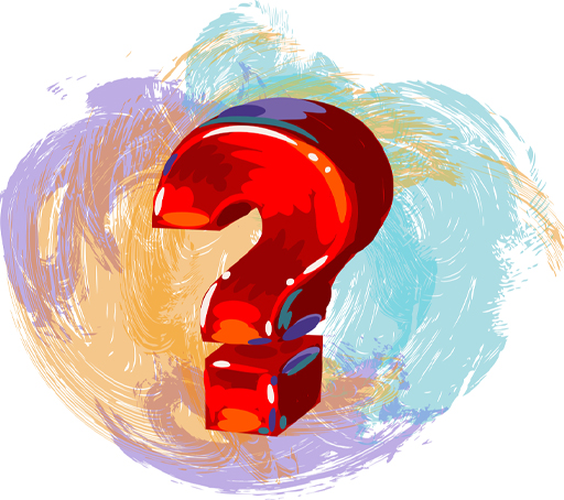 This is a decorative image showing a large red three-dimensional question mark, against a multicoloured brushstroke-style background.