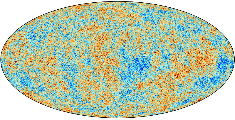 This is a diagram of the microwave ‘fog’ known as the CMBR. It is an oval shape containing dotted patches of red and blue.