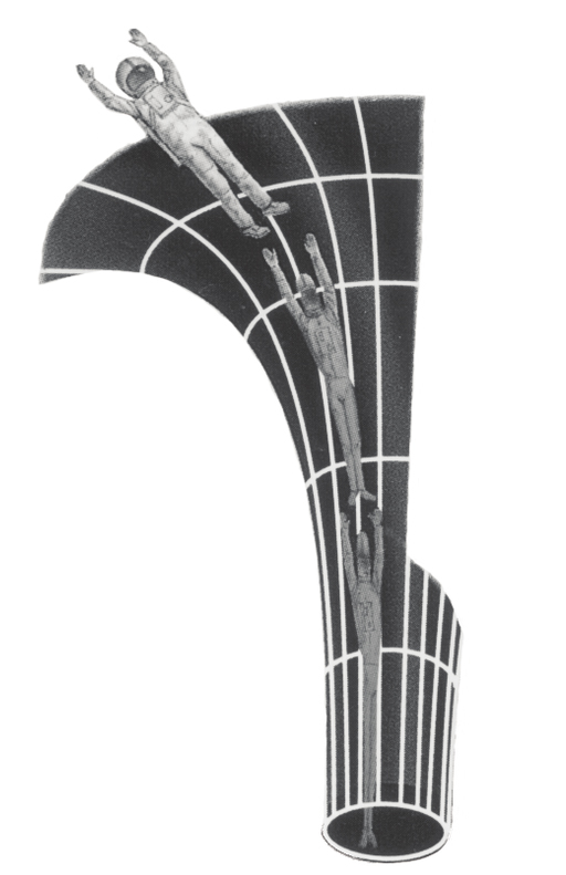 This is an artistic depiction of the process of ‘spaghettification’. An astronaut can be seen falling into a sort of tube. The further in they fall, the more squeezed and stretched they become.