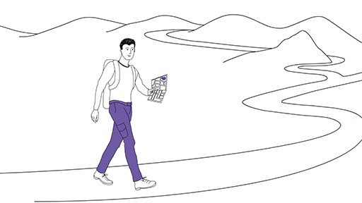 Illustration of a person holding what appears to be a map and walking along a path
