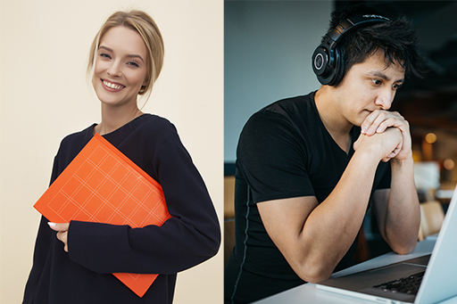 A montage of two people: one holding a folder and the other using a laptop.