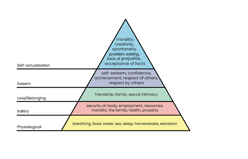 A pyramid with five sections. The top one is labelled ‘Self-actualization’ and contains the following: ‘morality, creativity, spontaneity, problem solving, lack of prejudice, acceptance of facts’. The next is labelled ‘Esteem’ and contains the following: ‘self-esteem, confidence, achievement, respect of others respect by others’. The next is labelled ‘Love/Belonging’ and contains the following: ‘friendship, family, sexual intimacy’. The next is labelled ‘Safety’ and contains the following: ‘security of body, employment, resources, morality, the family, health, property’. The bottom one is labelled ‘Physiological’ and contains the following: ‘breathing, food, water, sex, sleep, homeostasis, excretion’.