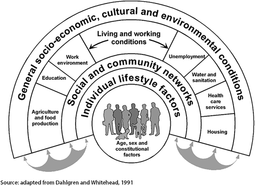 At the top of the image is the text ‘General socio-economic, cultural and environmental conditions’. Underneath this are sections labelled as ‘Living and working conditions’. These are ‘Agriculture and food production’, ‘Education’, ‘Work environment’, ‘Unemployment’, ‘Water and sanitation’, ‘Healthcare services’ and ‘Housing’. Underneath these sections is the text ‘Social and community networks’ and ‘Individual lifestyle factors’. Underneath this is the text ‘Age, sex and constitutional factors’.