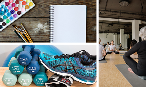 A montage of three images: art materials; a yoga class; weights.