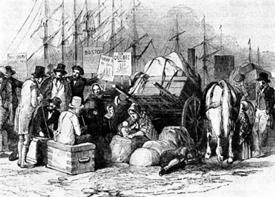 Irish emigrants wait to board their ship for North America 