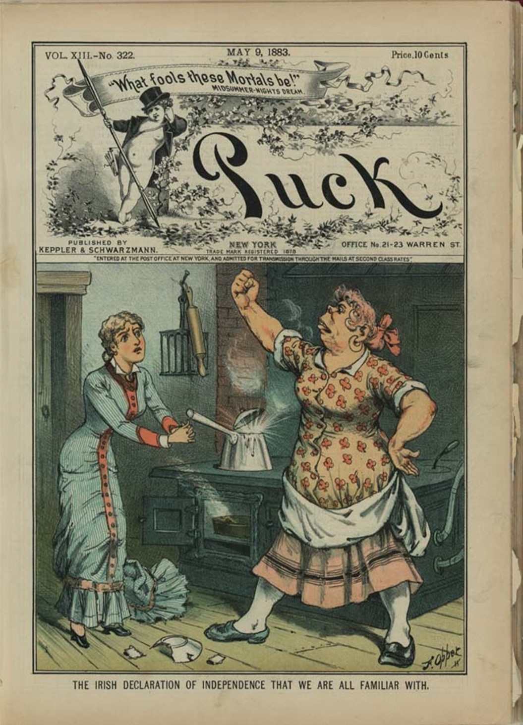 Cartoon depicting a stereotype of an Irish domestic servant challenging her American mistress. Puck Magazine, May 9, 1883.