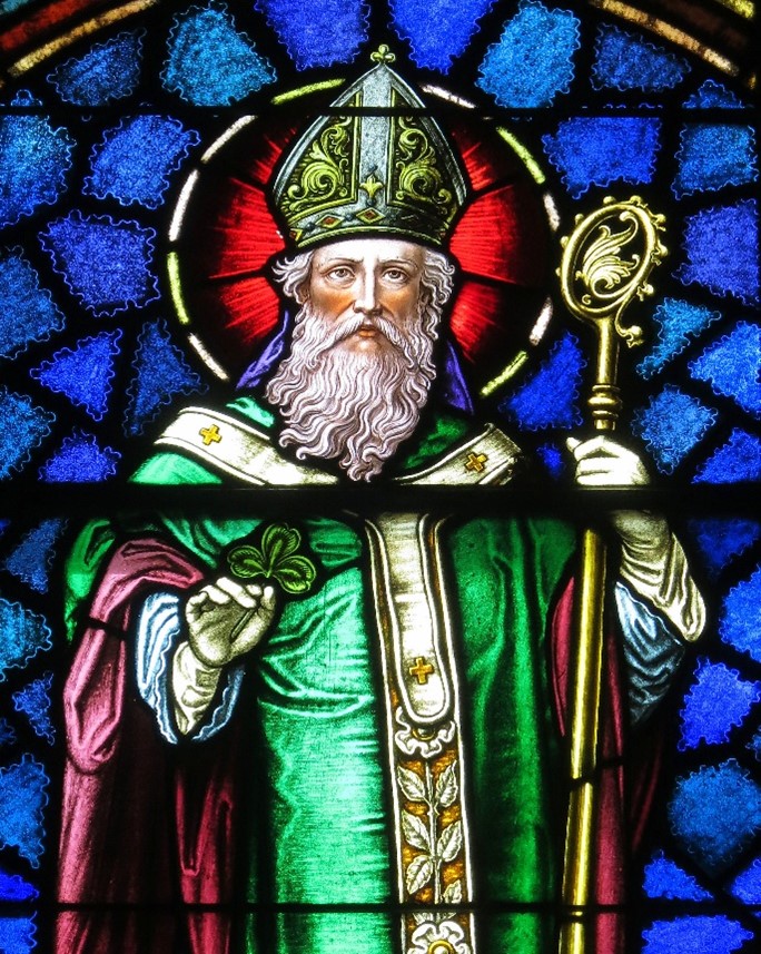 Stained glass portrait of Saint Patrick.