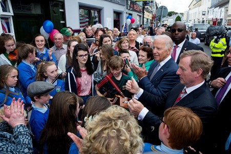 This photo depicts Vice President Biden visiting Ballina, Co. Mayo on 22 June 2016 accompanied by the then Irish Taoiseach